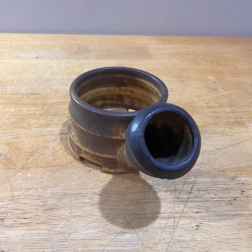 M. Bowen Studio Pottery Brutalist Stoneware‎ Candle Holder Vtg Mustard Brown